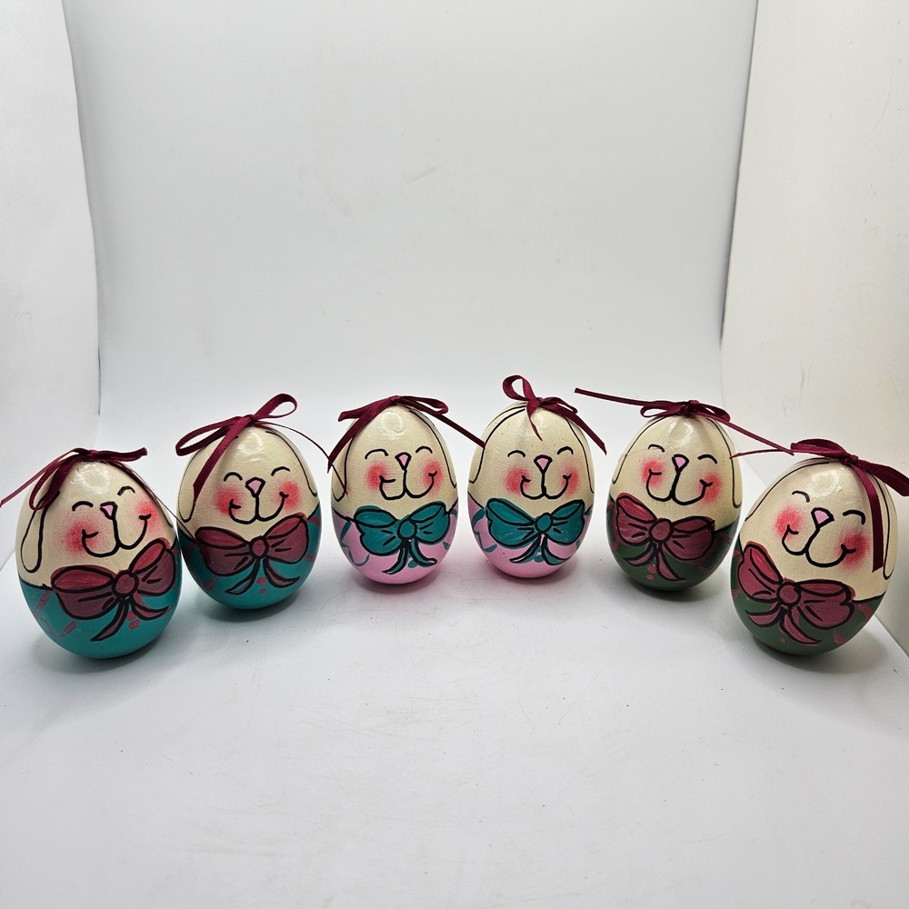 Set of 6 Hand Painted Wooden Easter Bunny Eggs Folk Art Rabbit Shelf Table Decor
